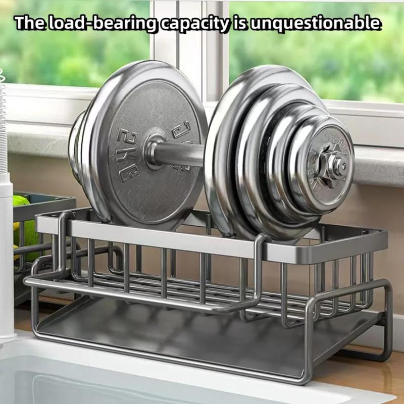 Over-sink dish rack organizer, rustproof steel sponge holder with soap dispenser and sponge shelf, no-drill clamp mount design