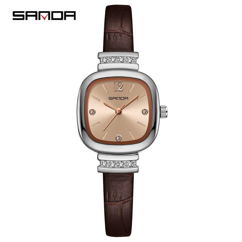 Sanda 7052 Women's Leather Strap Diamond-Accented Small Square Dial Sunburst Quartz Watch