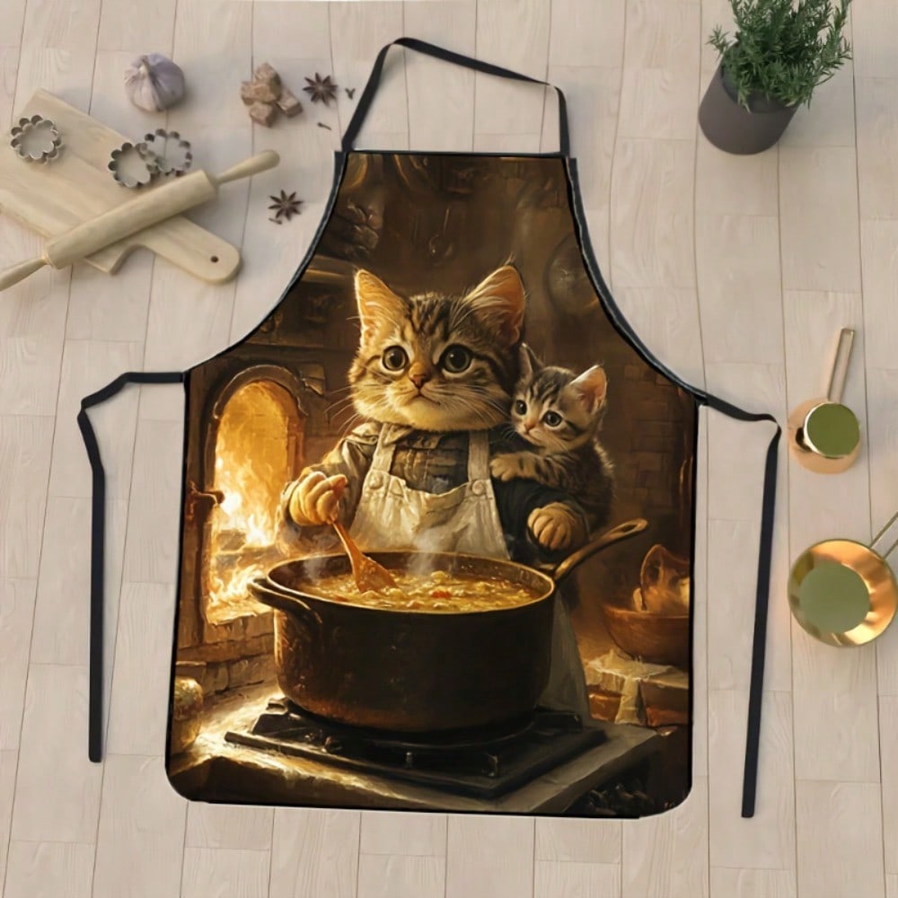 Delantal de Gato Lindo, Estampado de Gato Mamá y Bebé Cocinando Delantal de Cocina, Delantal Divertido de Animal Chef, Regalo para Amante de los Gatos