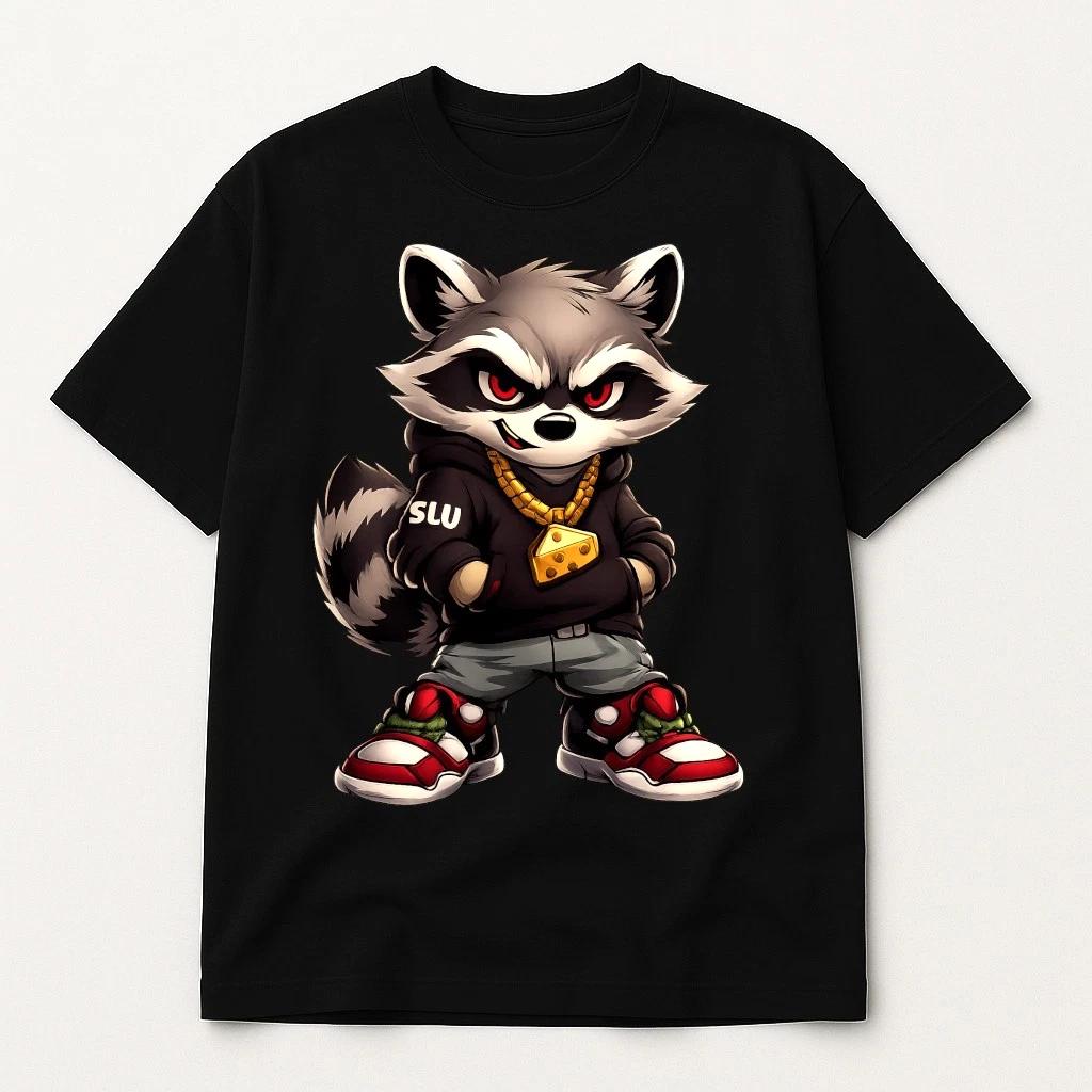 Urban Raccoon Hip Hop Streetwear Graphic T-Shirt Gold Chain Cartoon Tee M