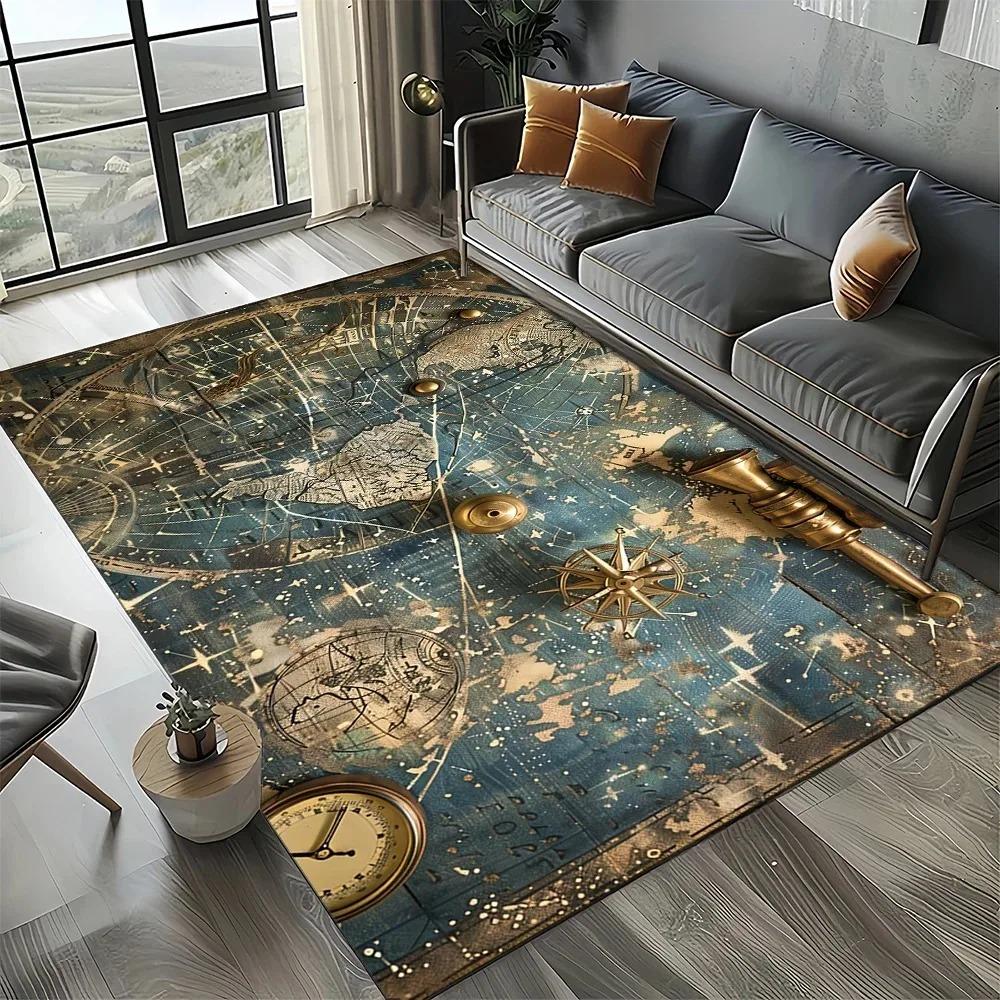 Vintage Nautical Map Rug with Sailing Ships Compass Retro Ocean Adventure Carpet Soft Durable Living Room Floor Decor