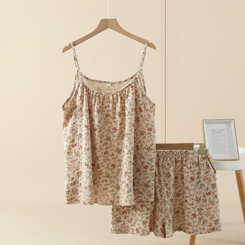 Crepe Cotton Yarn Print Multi-color Women's Summer Suspender Short Sleeve Shorts Set Loungewear Pajamas