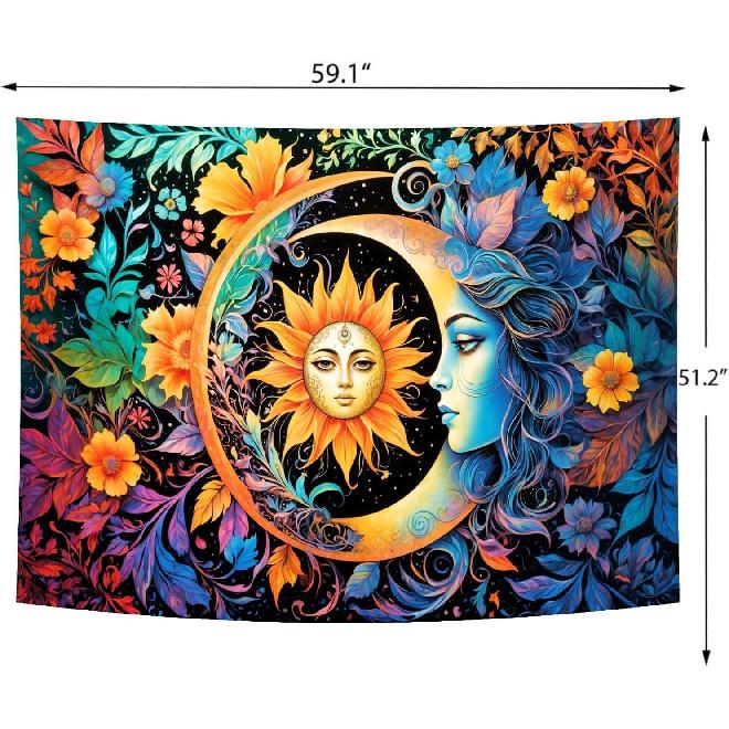 Delur Sun and Moon Tapestry Boho Mystic Floral Hippie Flower Plants Tapestry Vintage Aesthetic Psychedelic Abstract Wall Hanging Headboard for
