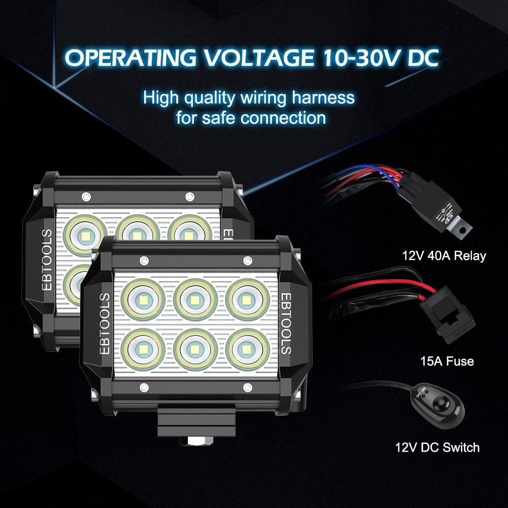 LED Pods Light Bar,EBTOOLS 2PCS 4  18W Flood Off Road Light with 15A Fuse 40A Relay Wiring Harn