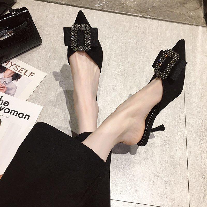 Fashion Autumn New Baotou Slippers Women's Fashion Pointed Head Shallow Mouth Rhinestone Square Head Temperament High Heels