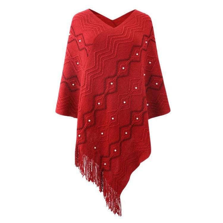 

Loose Women V Neck Bat Sleeve Knitwear Cardigan Autumn Winter Cloak Print Sweater Cross Border One Size красный