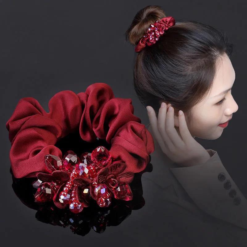 Eleganti scrunchies in tessuto floreale con cristalli per donne e ragazze, elastici per capelli, accessori per legare i capelli, anello per capelli, corda, copricapo