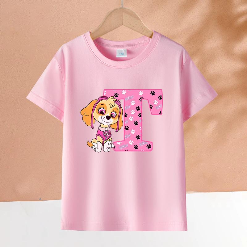 PAW Patrol Çocuk Pembe Kısa Kollu Tişört Kızlar Skye Polyester Üstler Çizgi Film 26 Harf Baskılı Sweatshirt Çocuk Doğum Günü Hediyeleri