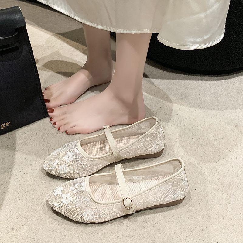 

Туфли-бобы из кружевной сетки, женские летние новые сандалии с плоским дном и дышащим носком, одинарные 41 хаки