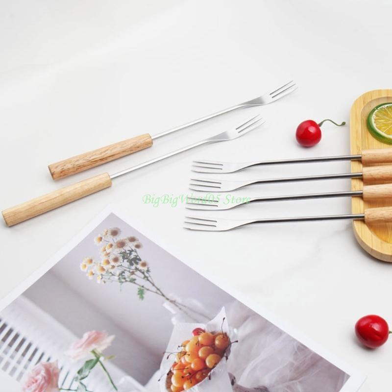 24TE 6Pcs Stainless Steel Fondue Forks Plastic Handle Wood Handle Heat Resistant Barbecue Cheese Fondue Forks for Chocolate