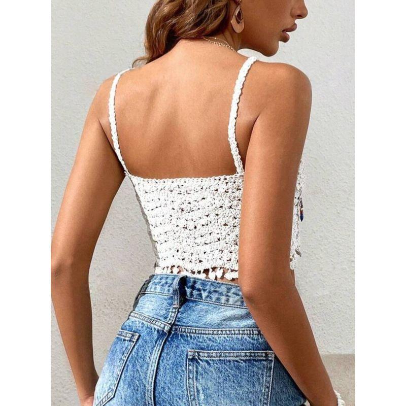 Small Summer Fashion U-Collar Multicolored Tassel Dangling Beads Hand Crocheted Hollow Camisole Short Tops