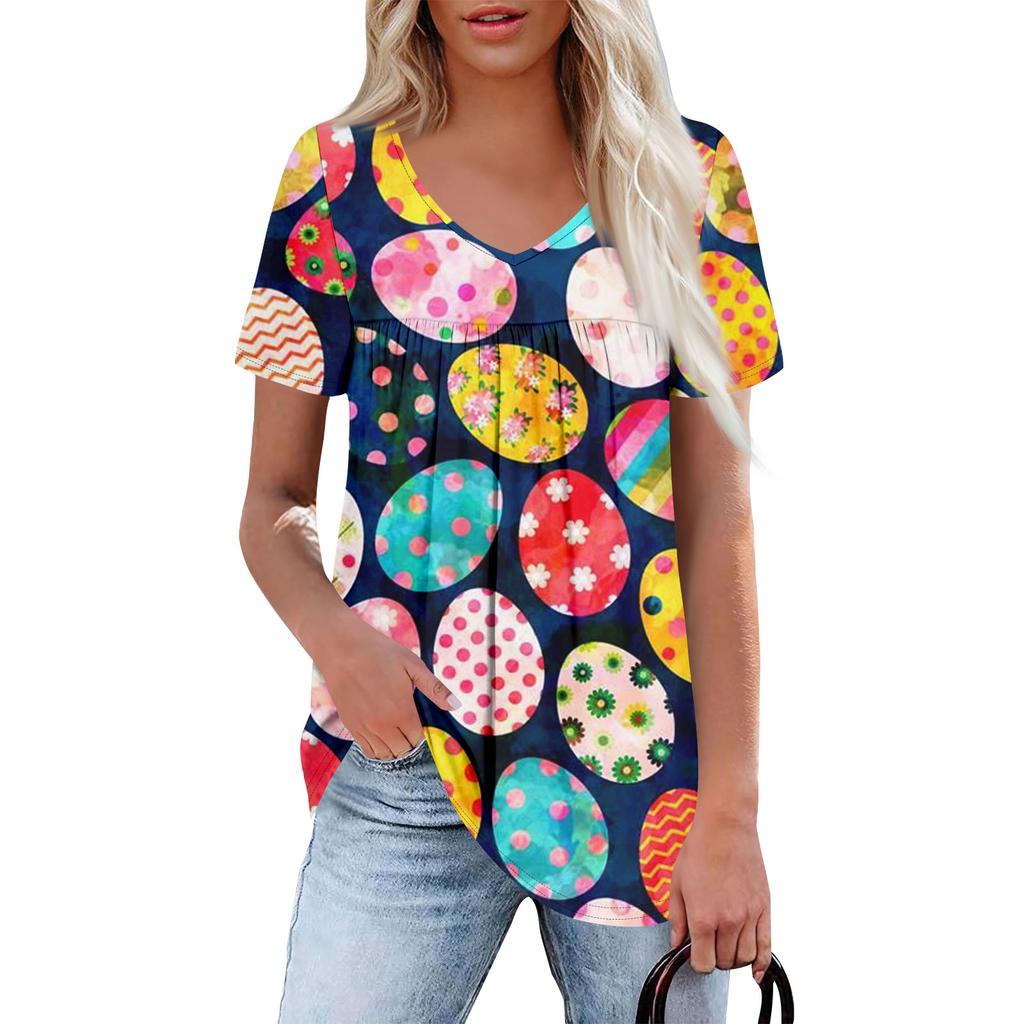 Ladies' Casual V-neck Short Sleeved Shirt With Pleated Easter Print On The Chest