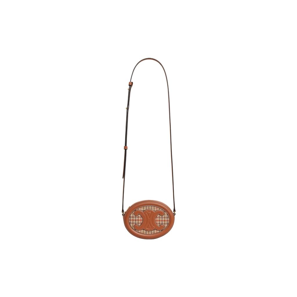 Celine Triomphe Logo Embossed Oval Fabric And Leather Mooncake Bag Wallet Crossbody Shoulder Bag Women Bags Brown 10I702EQH-14ML