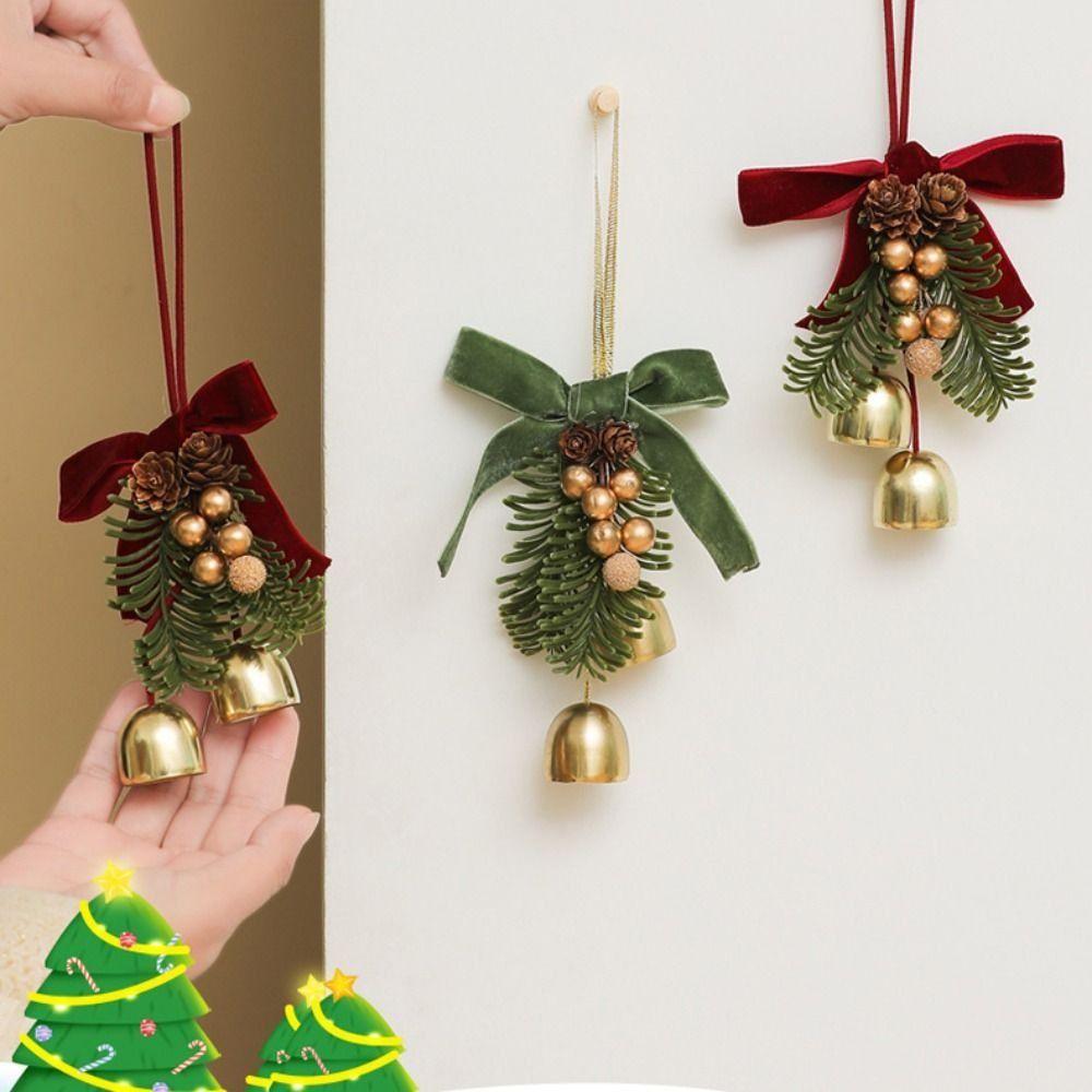 Wreath Christmas Velvet Bow Bell Red Pine Cone Bell Pendant  Home Door Decorations