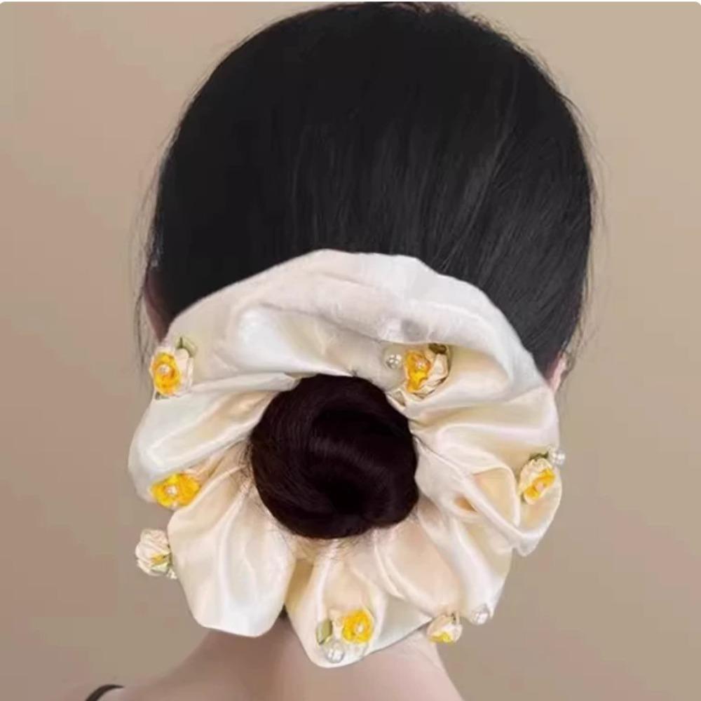 1Piece French Sweet Flower Large Intestine Scrunchie High-End, Korean Satin Rose Hair Rope Low Ponytail Rope Headdress