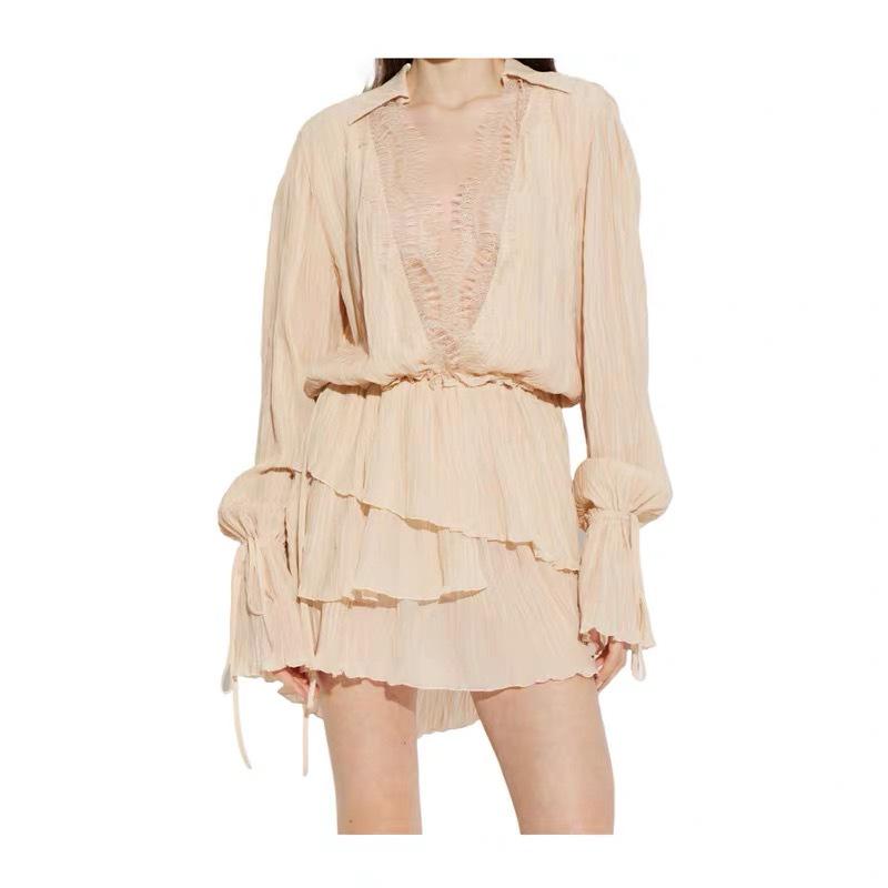 French Pure Desire Lace V-Neck Long Sleeve Tie-Up Dress L кремовый