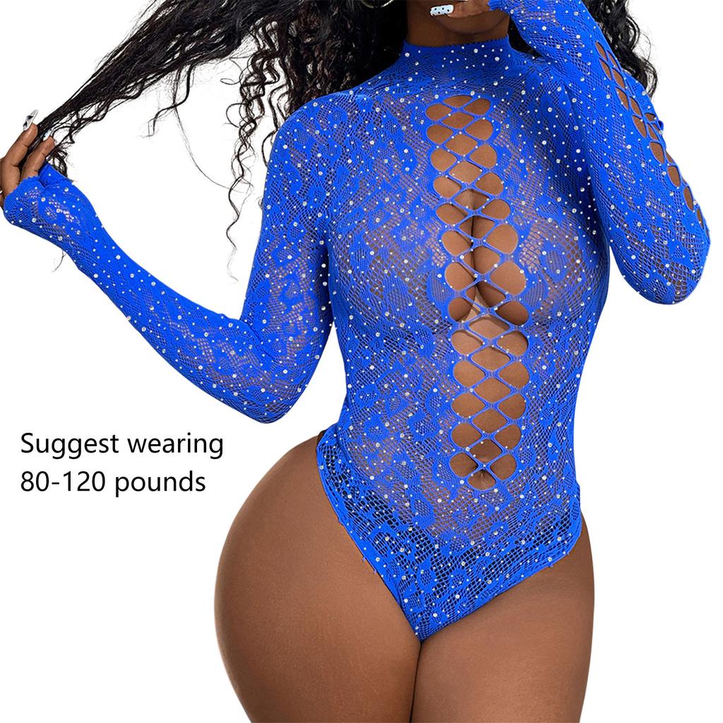 Women Lingerie See Through Fishnet 3/4 Sleeve Bodysuit Sparkling Rhinestones Cold Shoulder Leotard Tights Jumpsuit Top