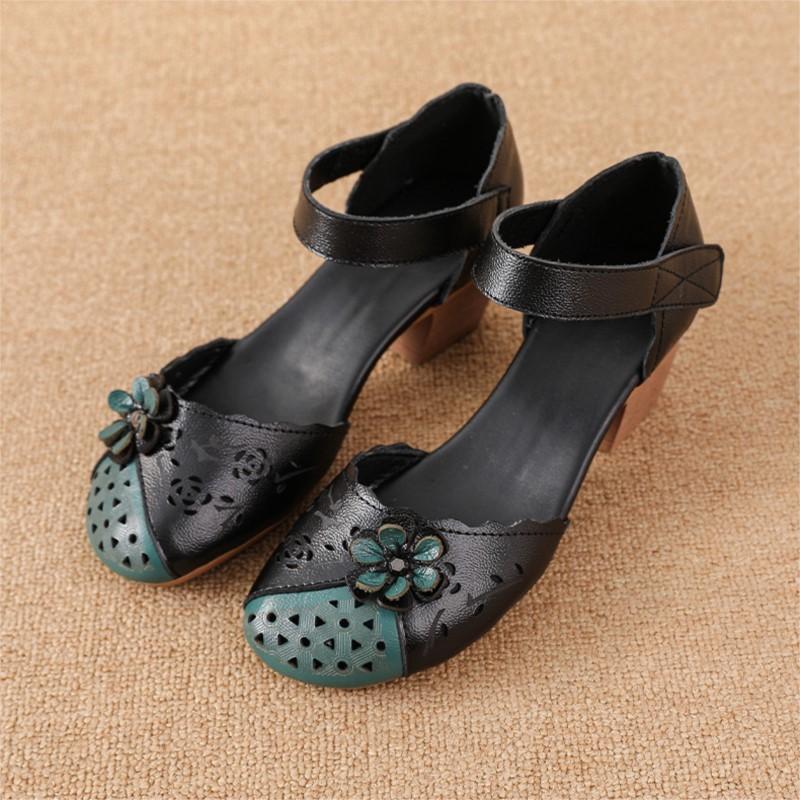 Johnature Ethnic Style Sandals Genuine Leather Thick Heel Flower Mixed Colors Women's Shoes