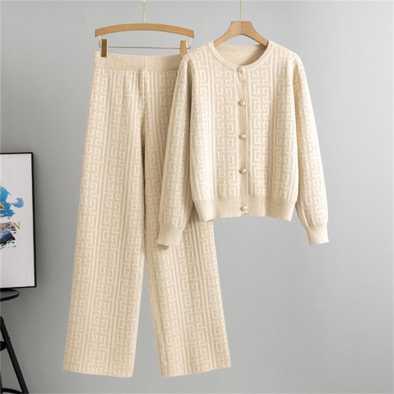Women's Autumn And Winter Sports Casual Knitted Suit Fashion Cardigan Sweater Wide Leg Pants Two Piece Set