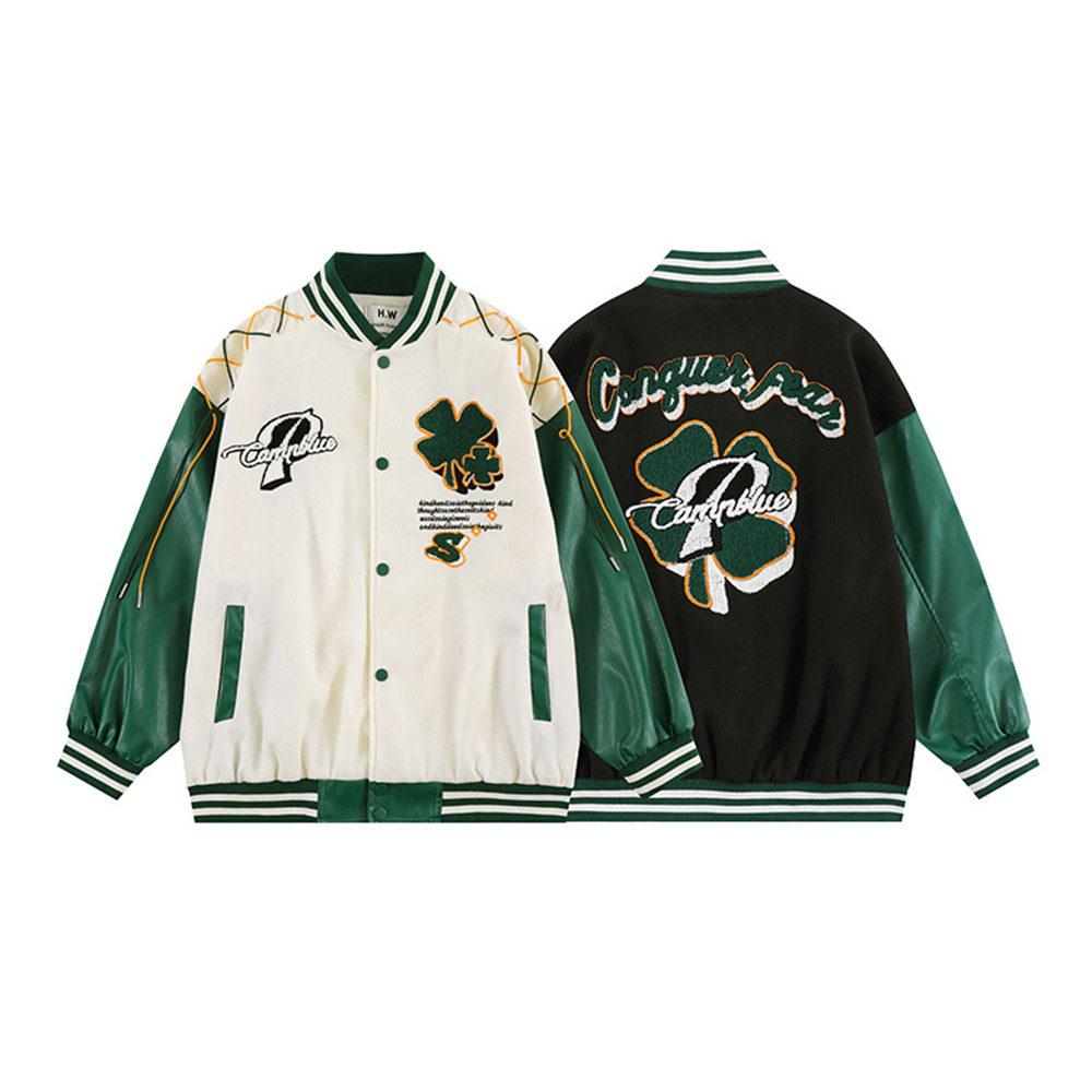 Women's Men’s Y2K Baseball Jacket Letter Leaves Print Long Sleeve Button Down Oversized Unisex Biker Outwear Streetwear