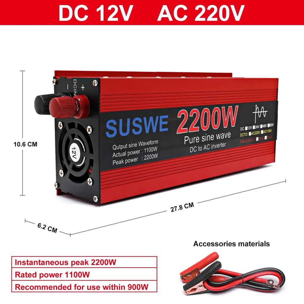 Pure Sine Wave Inverter 1000W 2000W 2200W 3000W DC 12V 24V To AC 220V Voltage 50/60HZ Solar Car Inverters