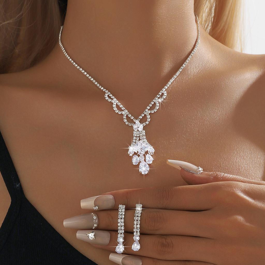 3PC Women's Fashion Copper Inlaid Zircon Claw Chain Geometric Water Drop Necklace Earring Set Wedding Party Festival Gift