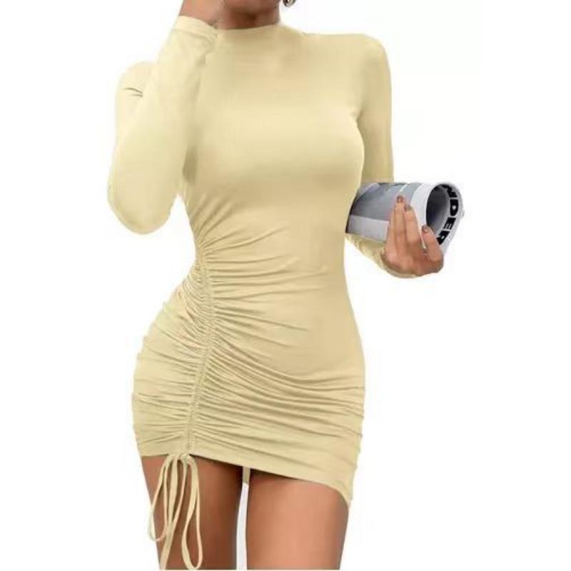 

Новое женское платье с высоким воротом и длинным рукавом, плиссированное элегантное женское облегающее короткое платье на шнуровке, весна-лето, женская фиолетовая модная одежда 162 XL бежевый