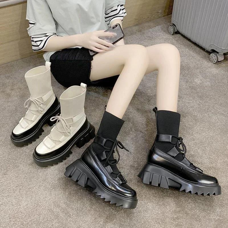 sales Black Wedges Platform Sock Boot Woman Fashion Lace Up High Heels Shoes Elastic Knitting Chunky Ankle Boots for Women