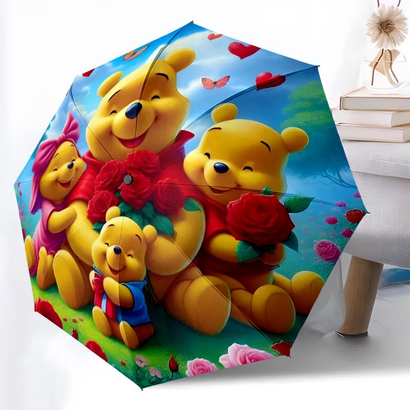 1pc Sturdy 8-Bone Auto Umbrella, Pooh And Eeyore Pastel Floral Umbrella, Digital Printed, Foldable Umbrella for On-the-Go Outdoor Use