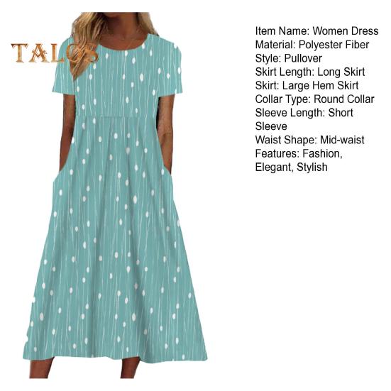 Damen Sommerkleid mit kurzen Ärmeln, lässiger Blumendruck, Rundhalsausschnitt, Midikleid mit Taschen, fließendes A-Linien-Strandkleid