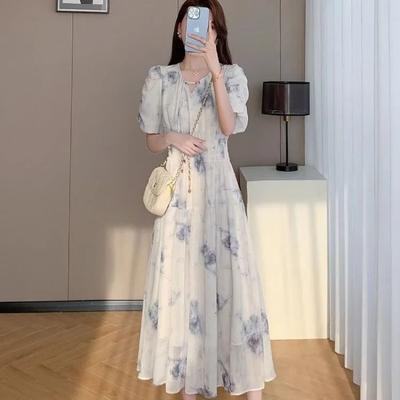 Women's Floral Print Maxi Round Neck Puff Sleeve High Waist Elegant Casual Summer Dress