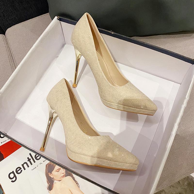 

Детские туфли на высоком каблуке 11 см, тонкий каблук, острый носок, водонепроницаемая платформа, мелкий вырез, туфли-лодочки, женские универсальные рабочие туфли в стиле OL 38 золотой