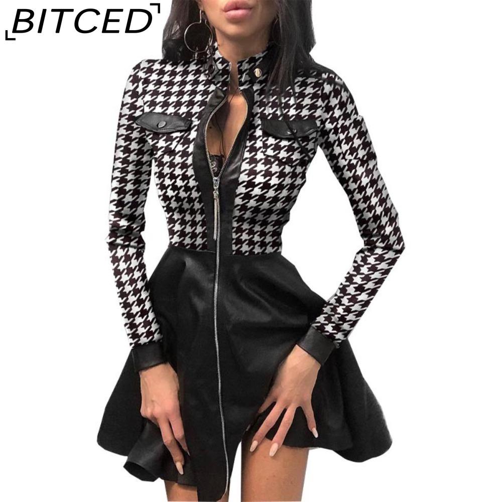 BITCED Mode Frauen Spitze Langarm Reißverschluss Big Hem Kunstleder Minikleid