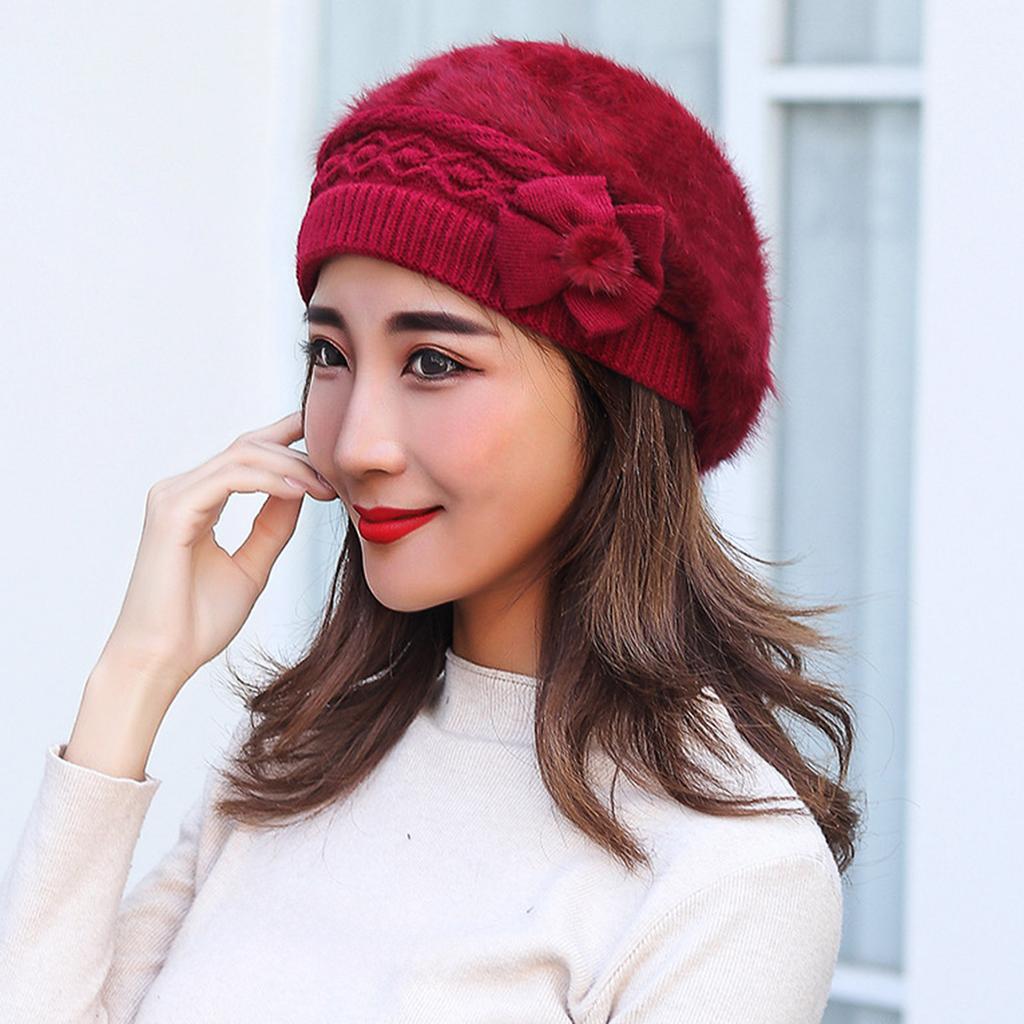 Women Knitted Wool Hats Winter Flower Decorated Warm Female Cap Beanies Fur Hat Gorros Bonnet Soft Breathable Beanie Caps