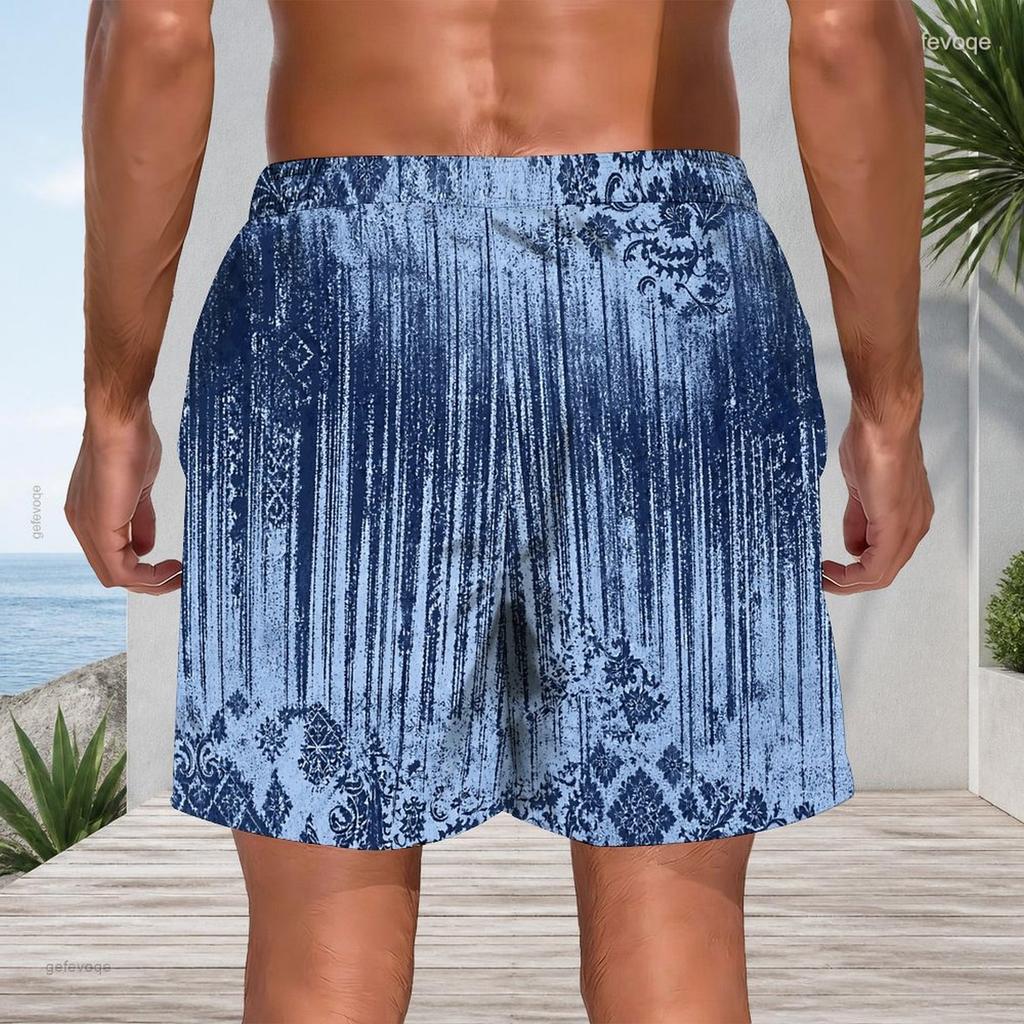 Men Plus Size Off White Watercolor Leaf Printed Beach Shorts Drawstring Waist Side Pockets Straight Leg