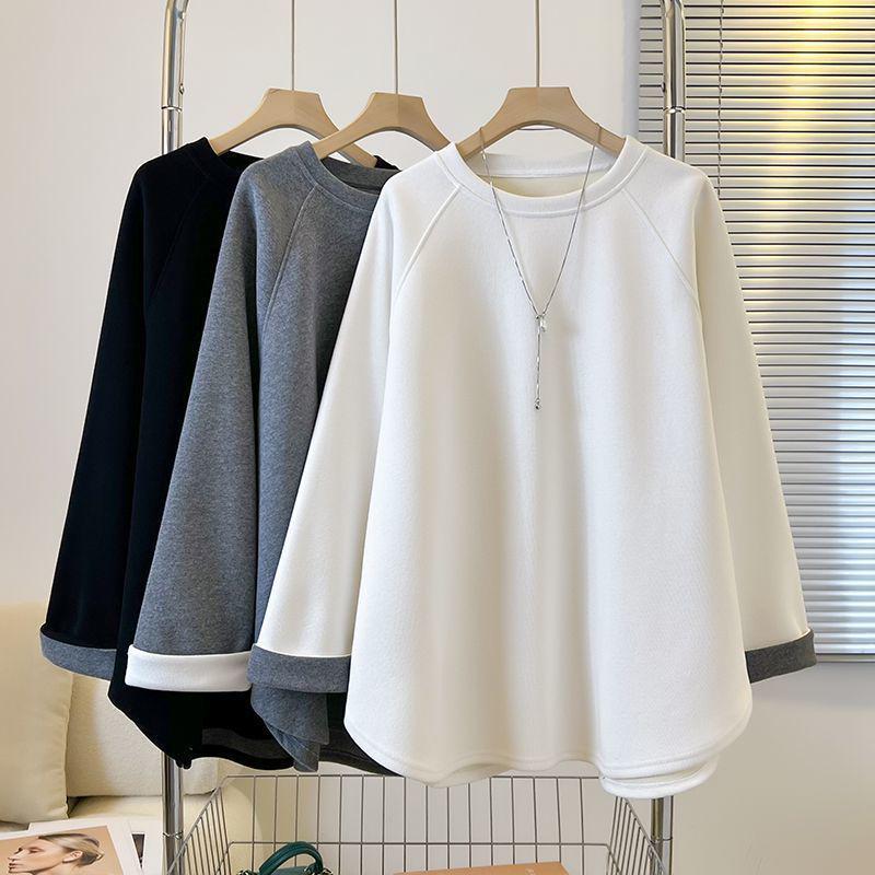 Plus Size Velvet Patchwork Long Sleeve Top: Korean Style Color Block, Slimming, Warm Base Layer for Autumn/Winter