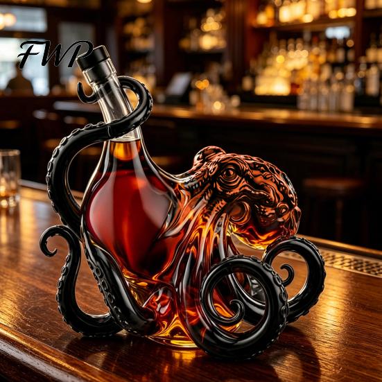 Octopus Wine Bottle 3D Whiskey Decanter, Nautical Art Collectible Bottle, 350ml Glass Unique Design Decorative Liquor Home Bar Decanter for