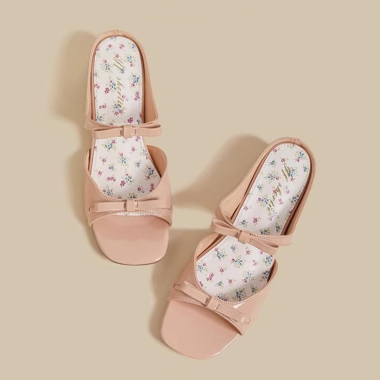 4.5Cm Inner Height Increase Square Head Wedge Heel Sheepskin Bow Slippers Women's Sandals Summer New