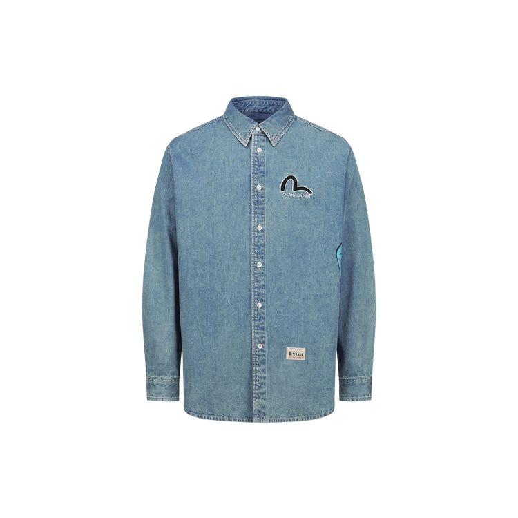 Evisu Graffiti Daruma Long Sleeve Shirt Men Shirts Denim-Blue 2ESHTM3SL111RXDN
