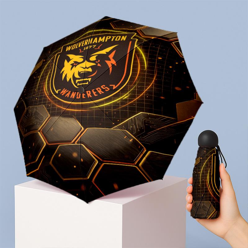 Wolverhampton Wanderers Football Pattern Printed Mini 5 Folds 8 Ribs Compact Umbrella Windproof Waterproof Lightweight Portable Folding