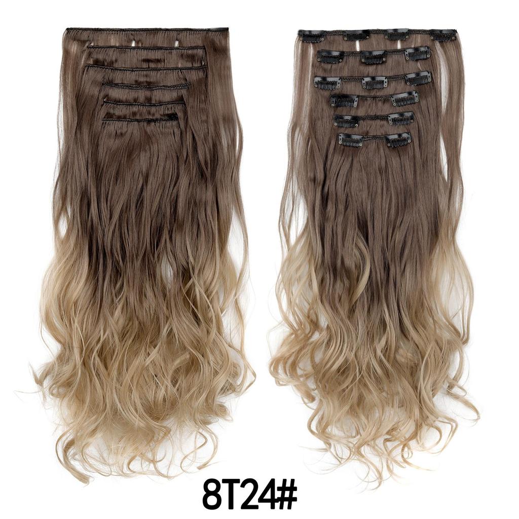 6PCS Set Hairpiece Clip In Hair Extensions Long Wavy Hair Full Head Brown Ombre Gradient Color Natural Look
