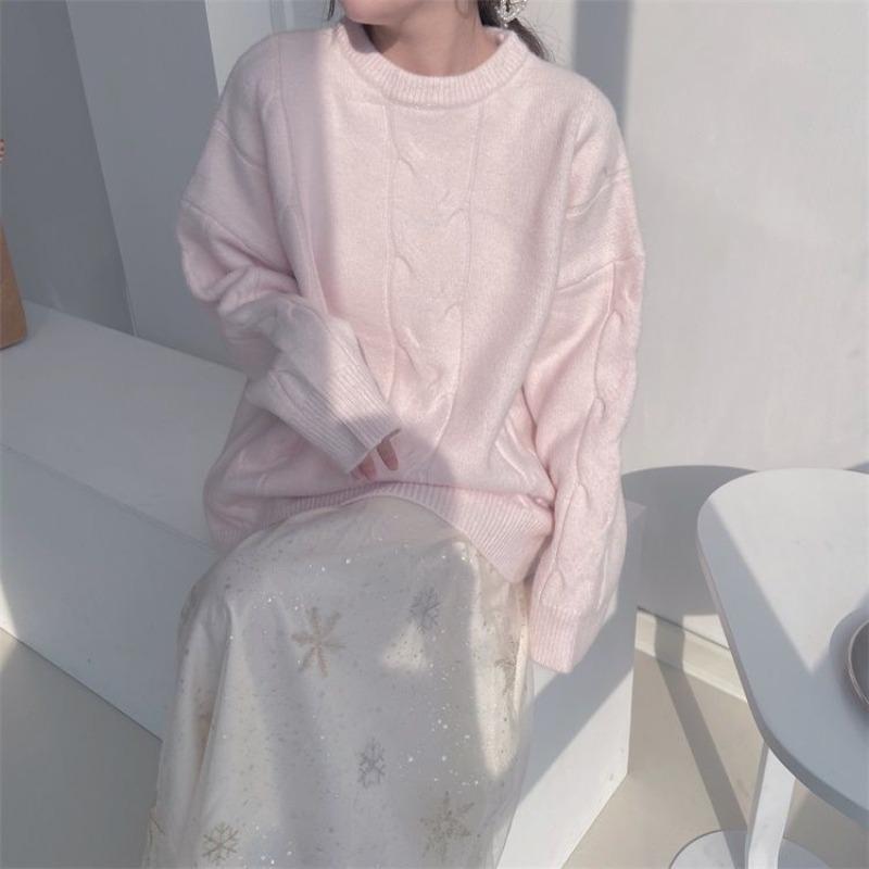 

Свитер с круглым вырезом женский осенне-зимний ленивый стиль свободный дизайн мягкий ворсистый вязаный свитер топ эффект XL розовый