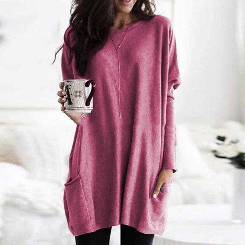 New Autumn Long Sleeved Casual Pocket T-shirt Top for Women's Clothing