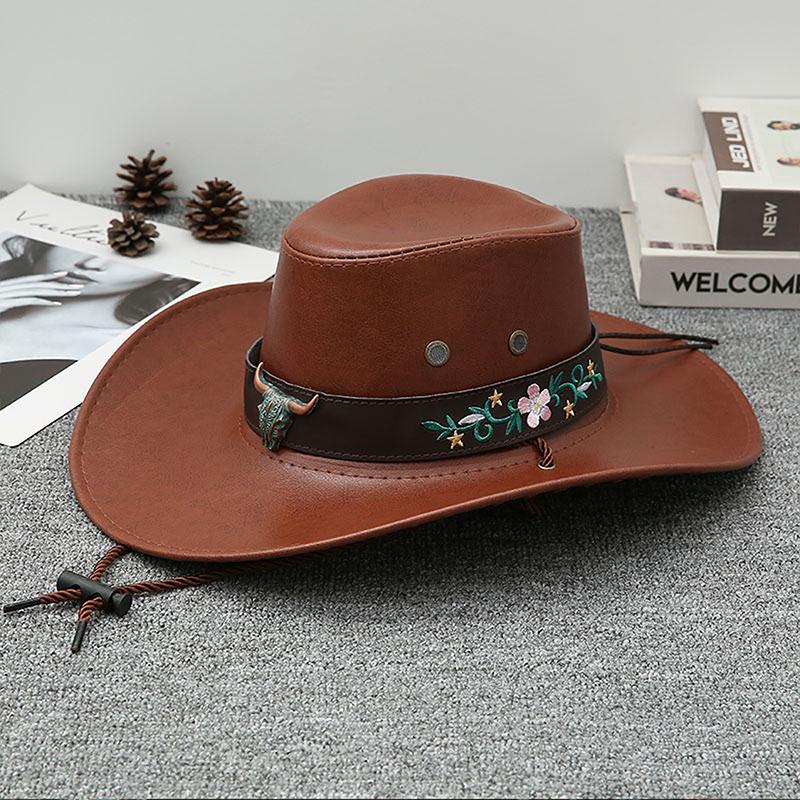 Floral Embroidered Bull Head Rivets Cowgirl Hat Women Retro Wide Brim Western Caps Party Travel Fashion PU Leather Panama Hats