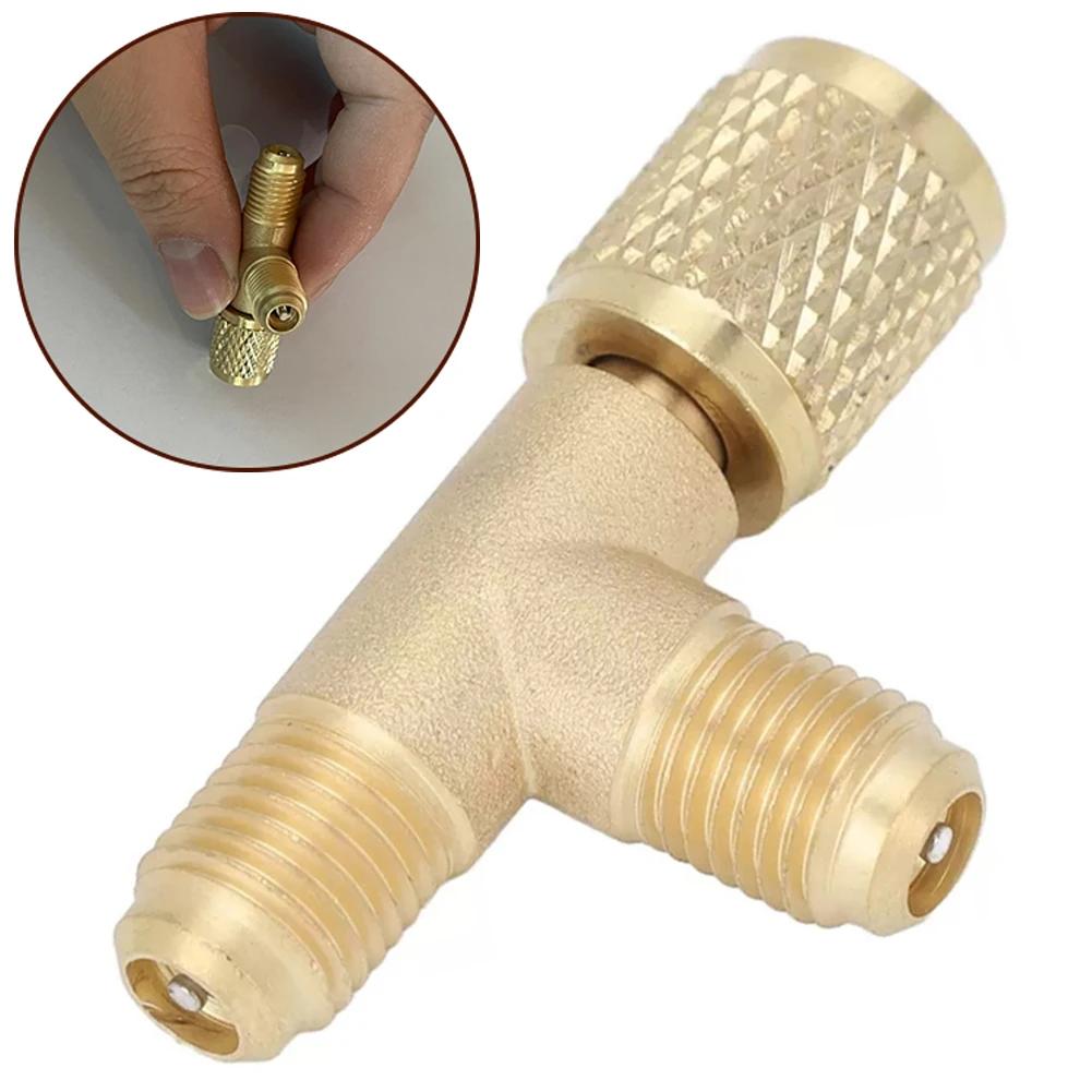 1pc Car Quick Coupler Tee Adapter Valve Core 1/4in SAE For R22 R12 R134 Brass Air-Conditioning Quick-Connector T-shaped Adapter