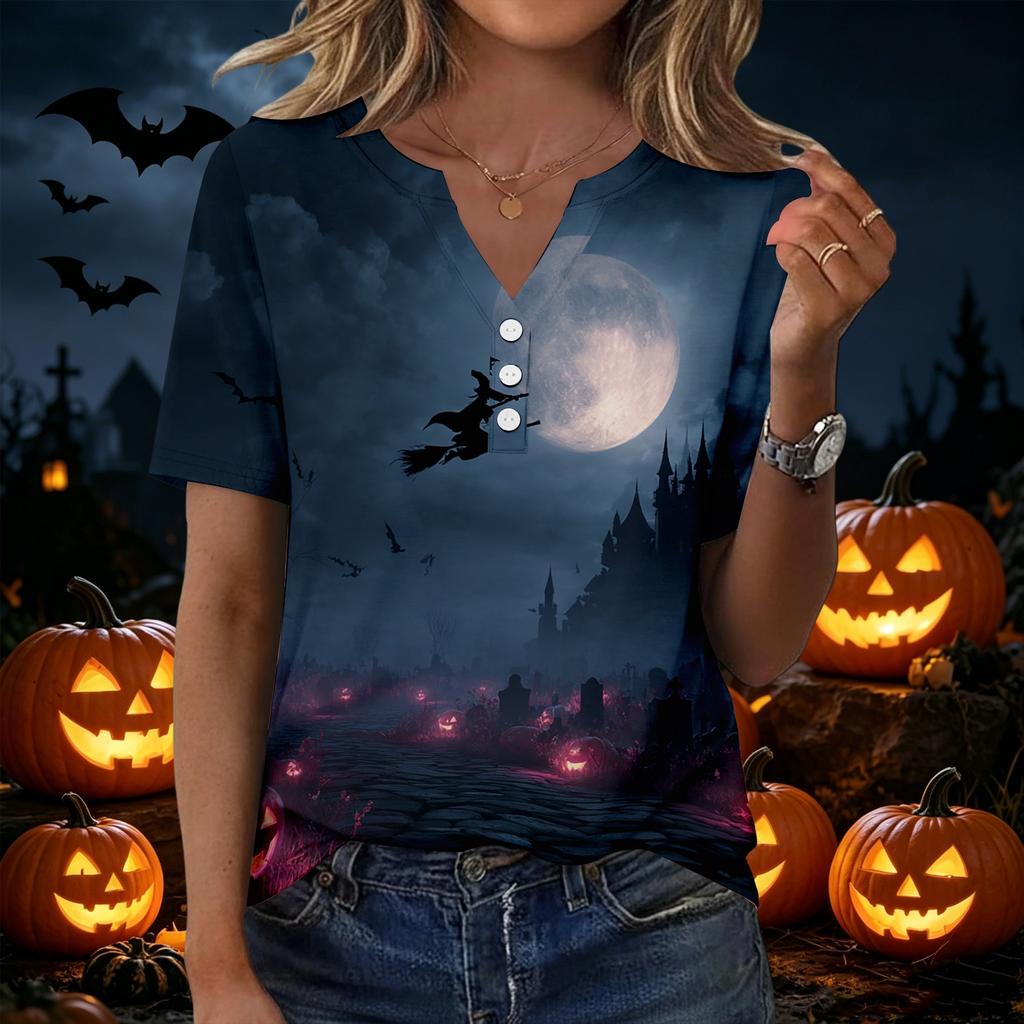 Womens Casual Halloween Printed V Neck Short Sleeve Button Down T Shirt Top for Daily Wear Holiday Party Outfit