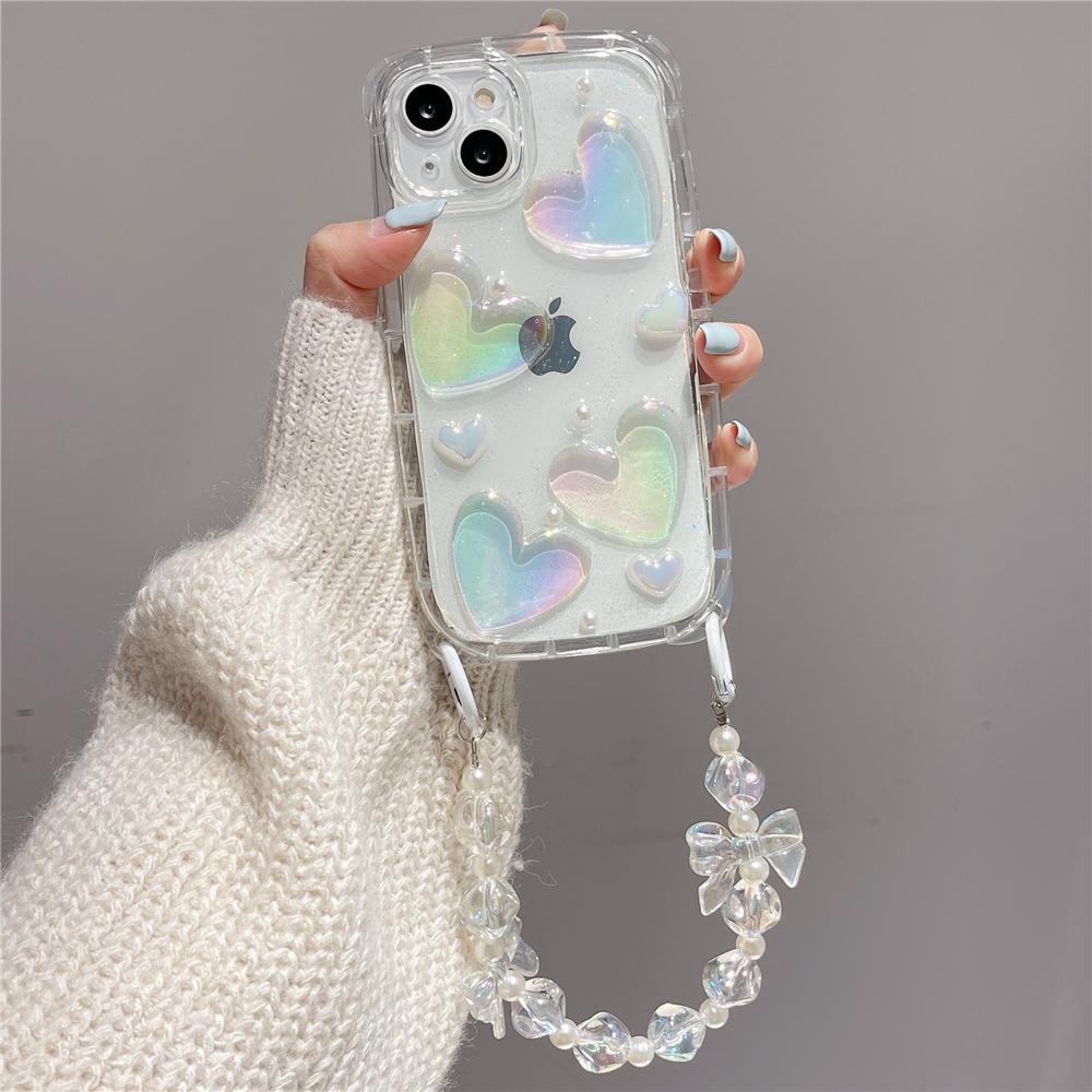 

3D лазерный браслет с сердечками, прозрачный чехол для телефона для iphone 15, 14, 13, 12, 11 Pro Max 11, милый ремешок с бусинами и бантиком, эпоксидная крышка For iPhone 12Pro Max