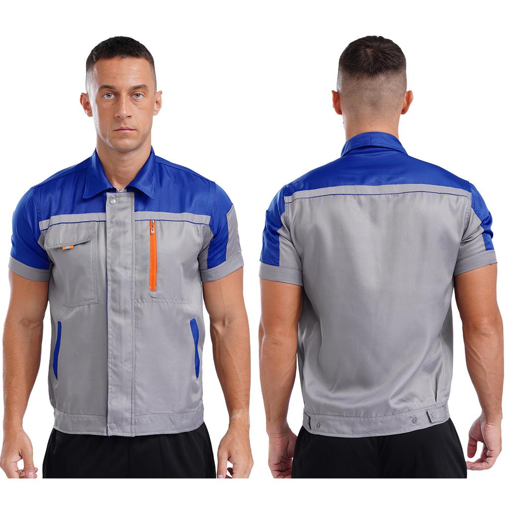 Camicia da Lavoro ad Alta Visibilità da Uomo Manica Corta con Strisce Riflettenti Giacca con Zip e Tasche M-3XL