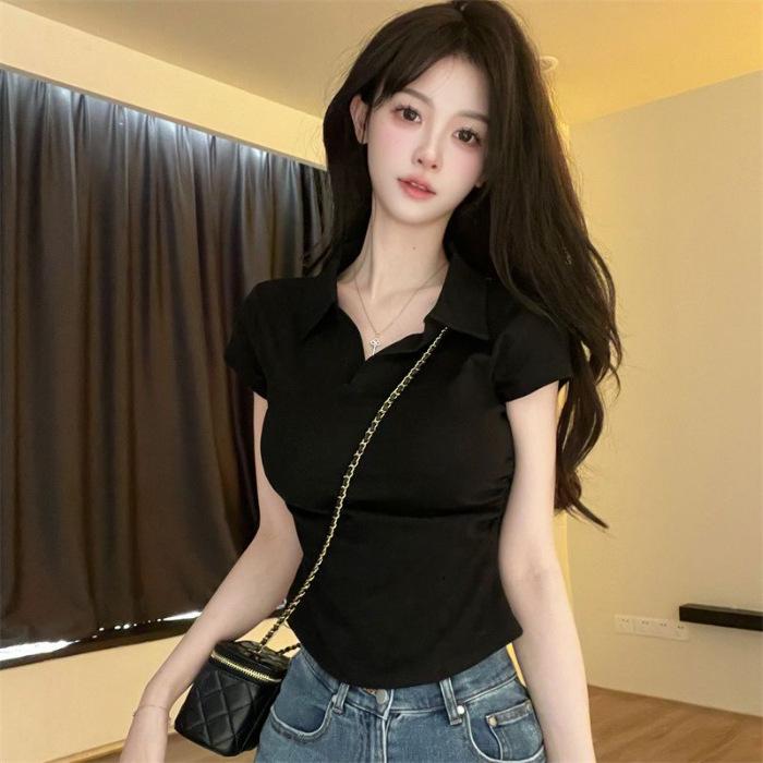 Summer Sexy Spice Slim Skinny Short Polo Neck Short Sleeve Fashion Personality Versatile Solid Color Top T-Shirt Ins