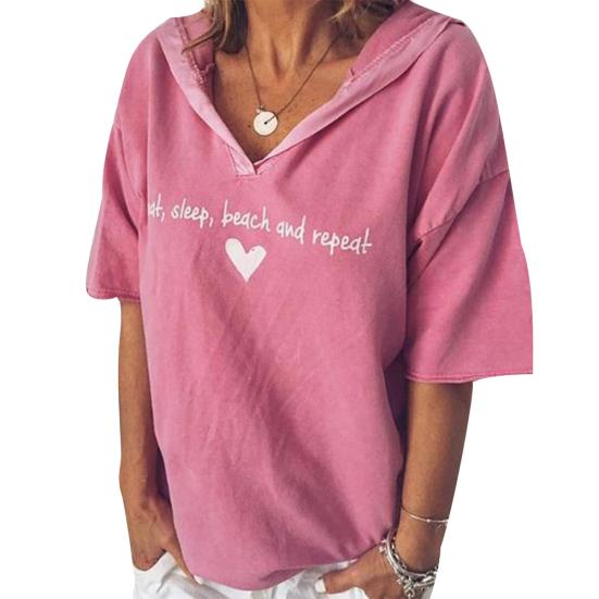 Sommer Unifarbene Damen Buchstaben Herz Druck Kurzarm Hoodies Mit Kapuze T-Shirt